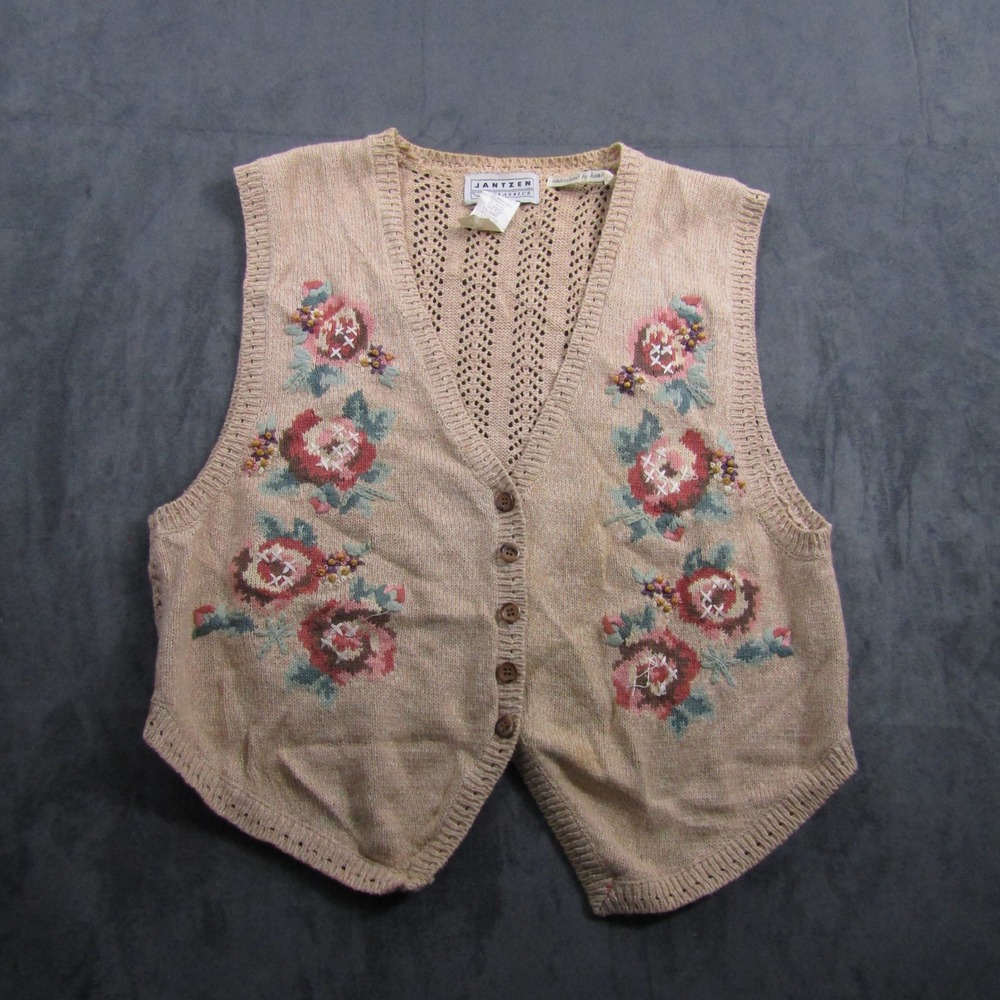 Jantzen Sweater Vest Women Large Tan Hand Embroidered Floral Knit V-Neck Boho